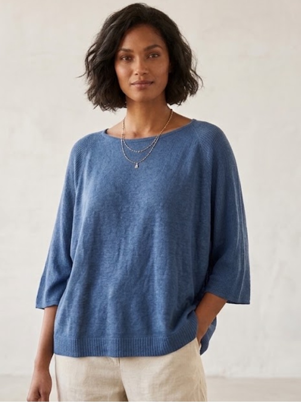 POETRY Navy boatneck linen jersey Lightweight cropped boxy Knit Sweater size 14